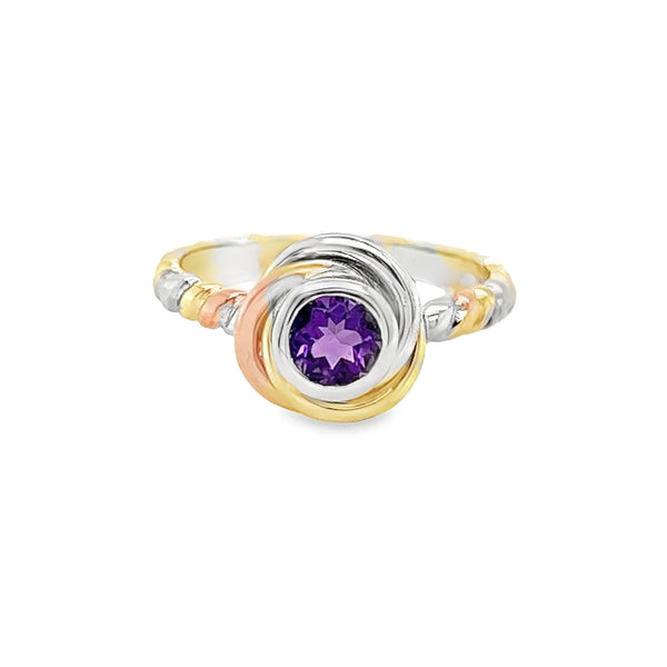 9ct 3 Colour Gold Amethyst Knot Ring by Amore