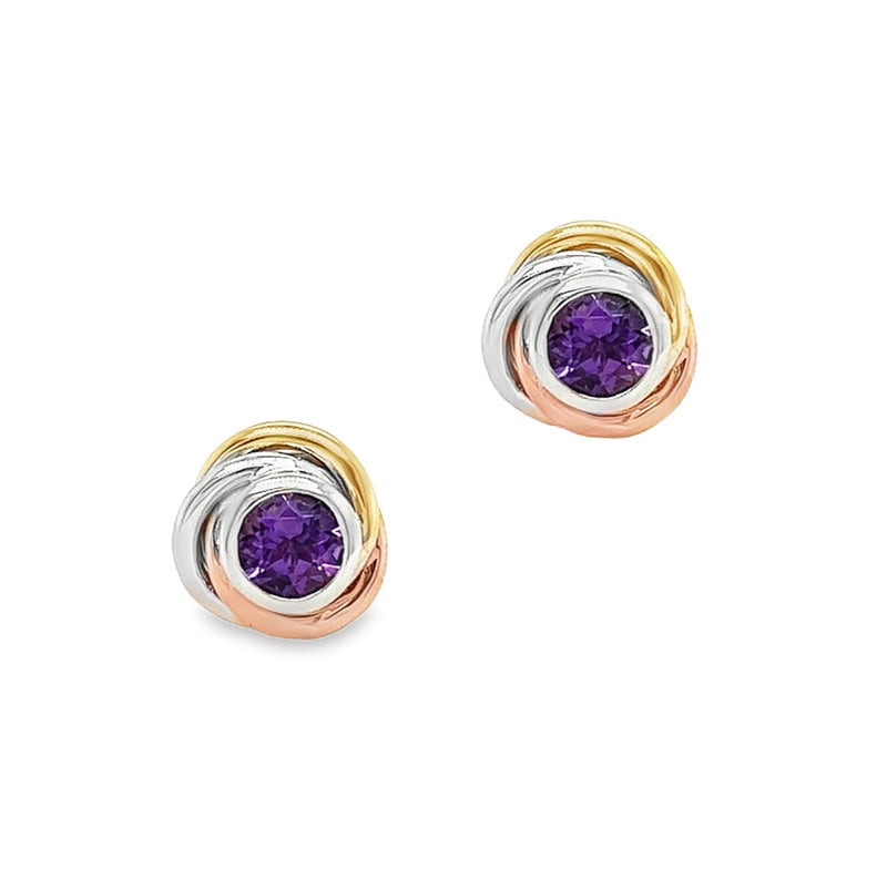 9ct 3 Colour Gold Amethyst Knot Earrings by Amore