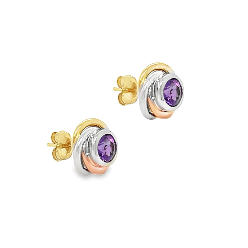 9ct 3 Colour Gold Amethyst Knot Earrings by Amore side