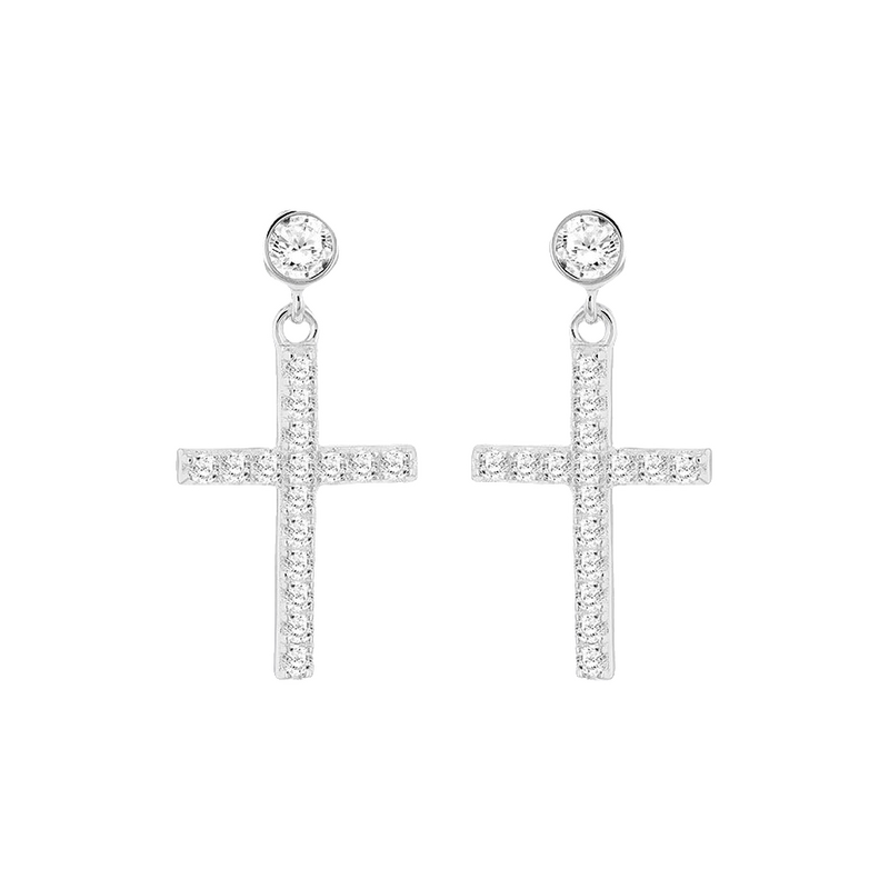 Sterling Silver CZ Cross Drop Earrings