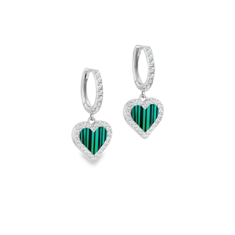 Sterling Silver Malachite Heart Drop Huggy Hoop Earrings