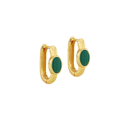 Silver Yellow Gold Plated Oval Malachite Huggy Earrings