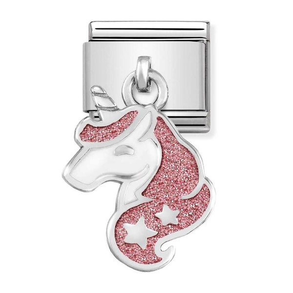 Nomination Classic Link Pendant Pink Glitter Unicorn Charm in Silver