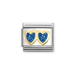 Nomination Classic Link Blue Glitter Double Heart Charm in Gold