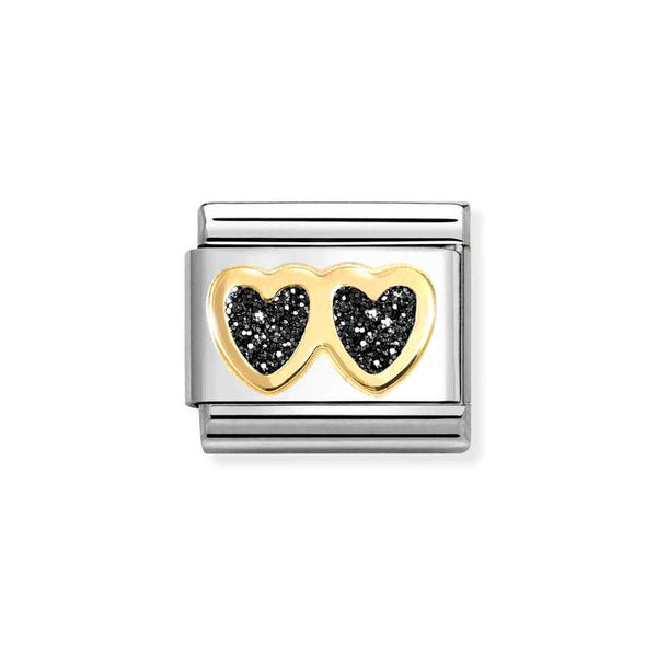 Nomination Classic Link Black Glitter Double Heart Charm in Gold