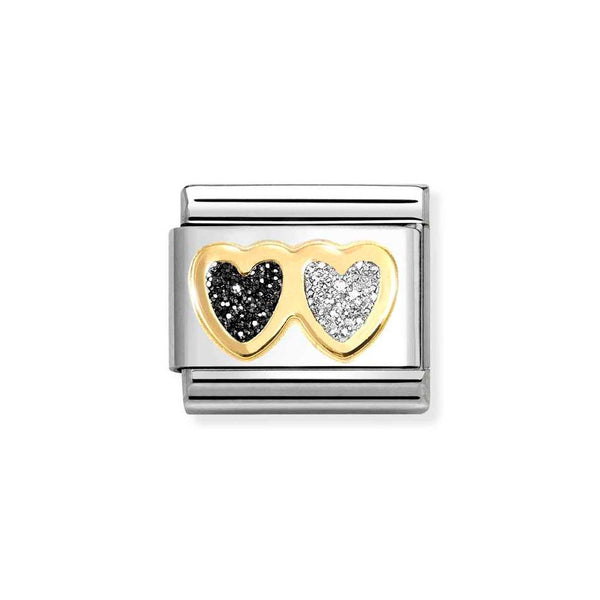 Nomination Classic Link Black & Silver Glitter Double Heart Charm in Gold