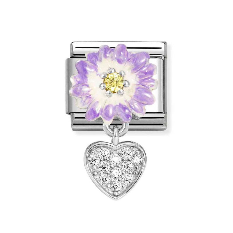 Nomination Classic Link Pendant Purple Flower Yellow CZ & Heart CZ Charm in Silver