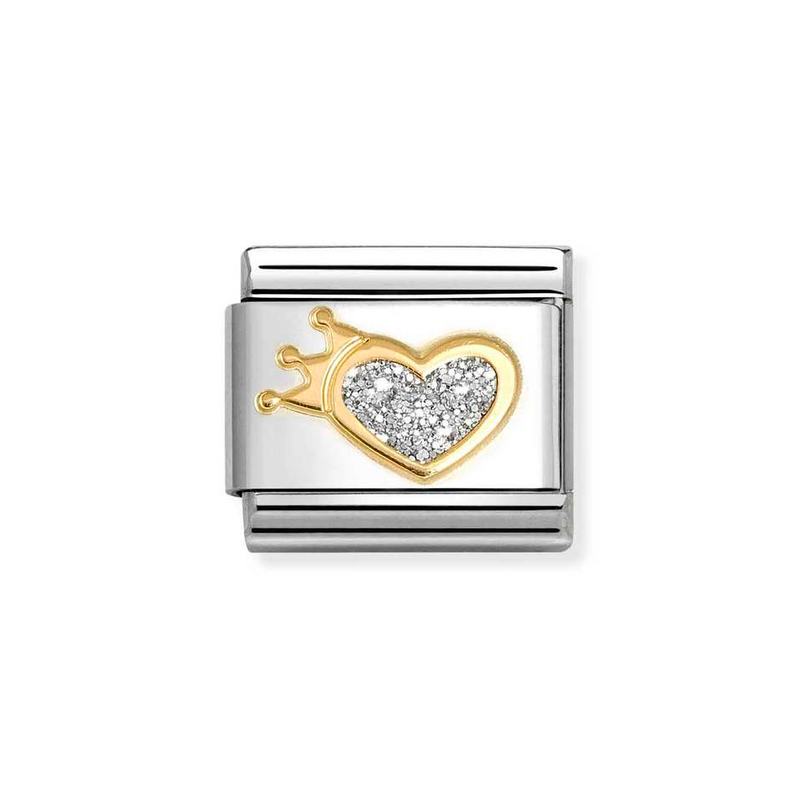 Nomination Classic Link Silver Glitter Heart with Crown Charm in Gold