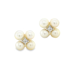 9ct Yellow Gold Fresh Water Pearl & Diamond Stud Earrings