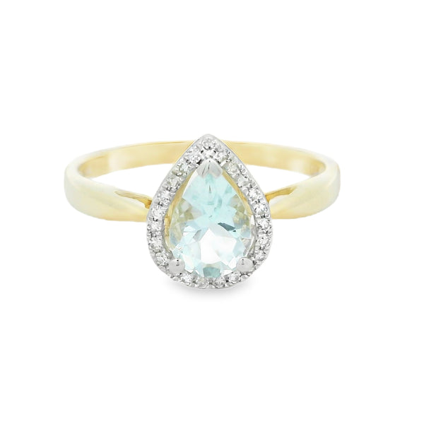 9ct Gold Pear Cut Aquamarine & Diamond Ring