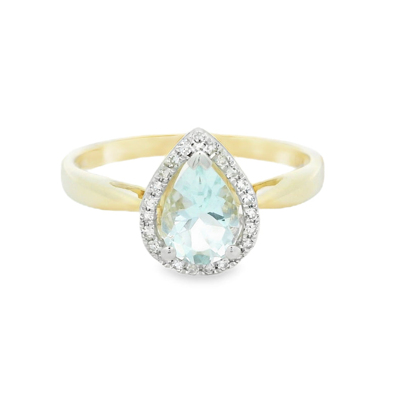 9ct Gold Pear Cut Aquamarine & Diamond Ring