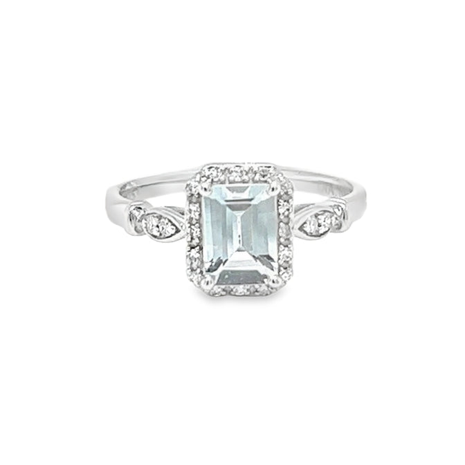 Aquamarine & Diamond Rectangular Cluster Ring 9ct White Gold