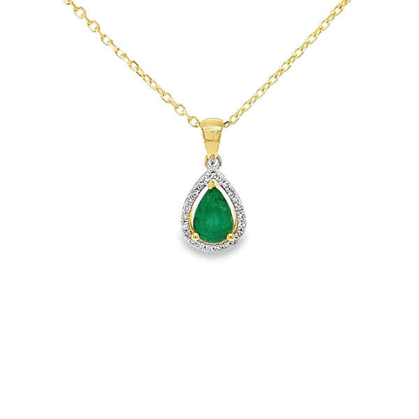 9ct Gold Pear Shaped Emerald & Diamond Pendant