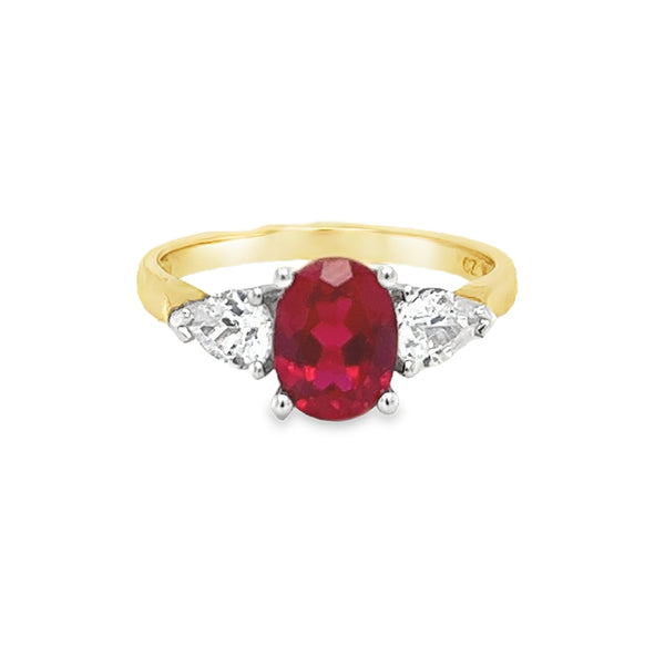 Created Ruby & CZ 3 Stone Ring 9ct Gold