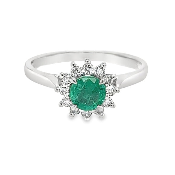 Platinum Round Emerald & Diamond Cluster Ring