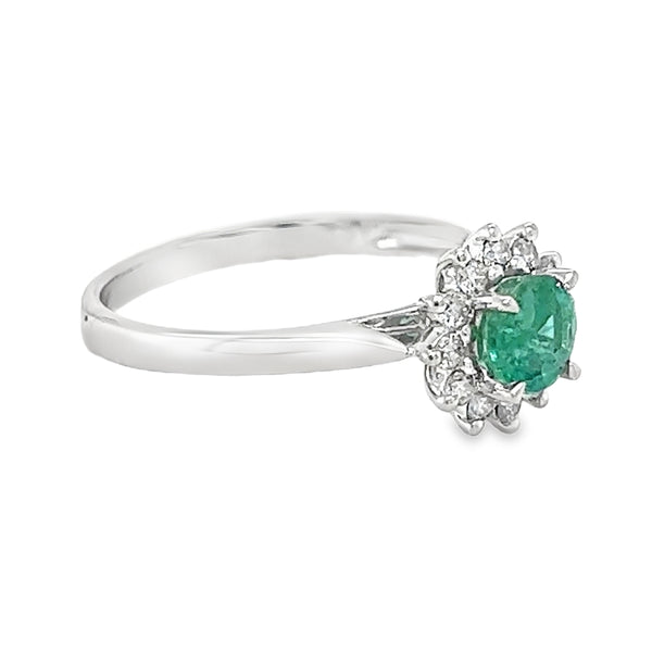 Platinum Round Emerald & Diamond Cluster Ring