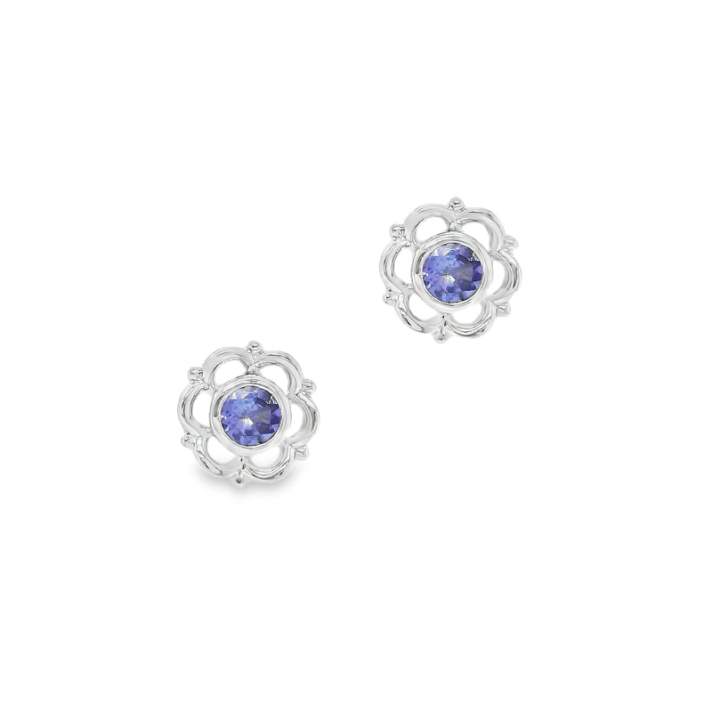 Amore Argento Tanzanite Flower Stud Earrings