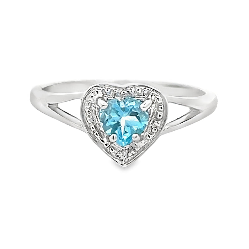 Blue Topaz & Diamond Heart Ring 9ct White Gold