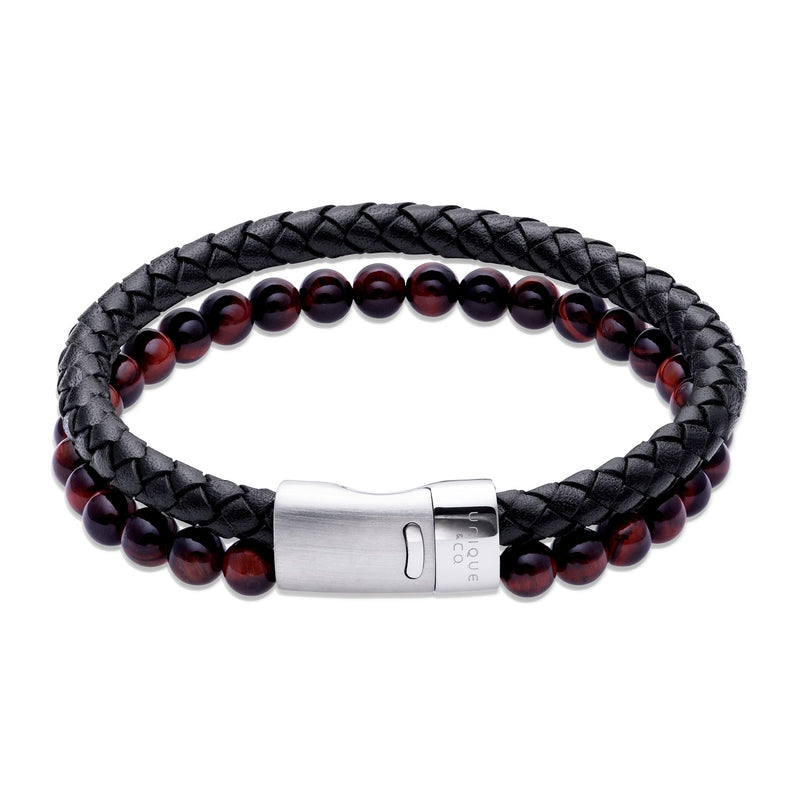 Unique & Co Men's Black Leather & Tigers Eye Bracelet B526