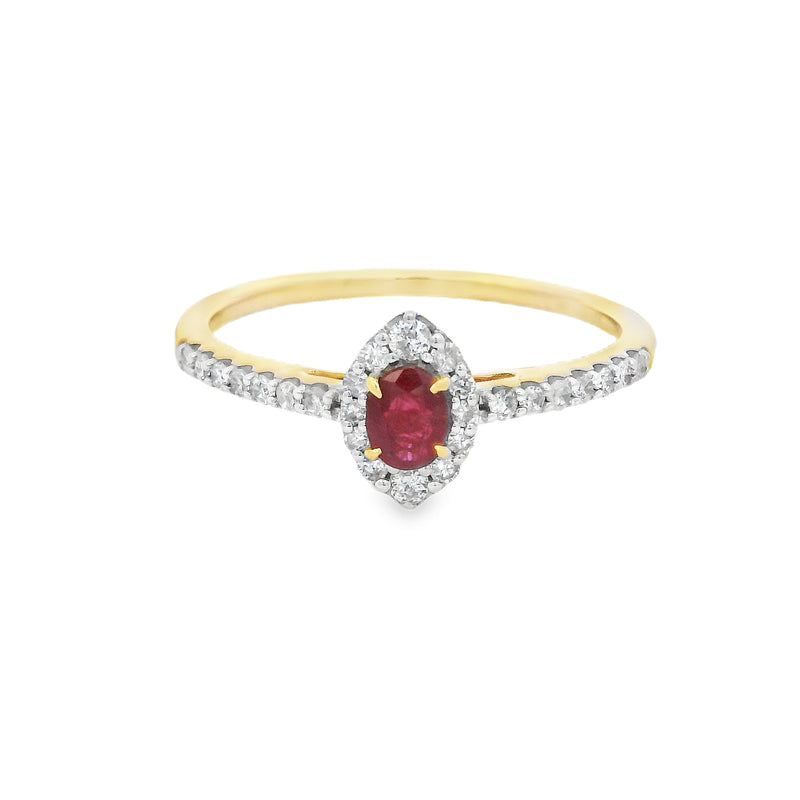 Ruby & Diamond Marquise Halo Ring 14ct Gold