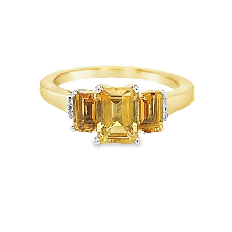 3 Stone Citrine & Diamond 9ct Yellow Gold Ring