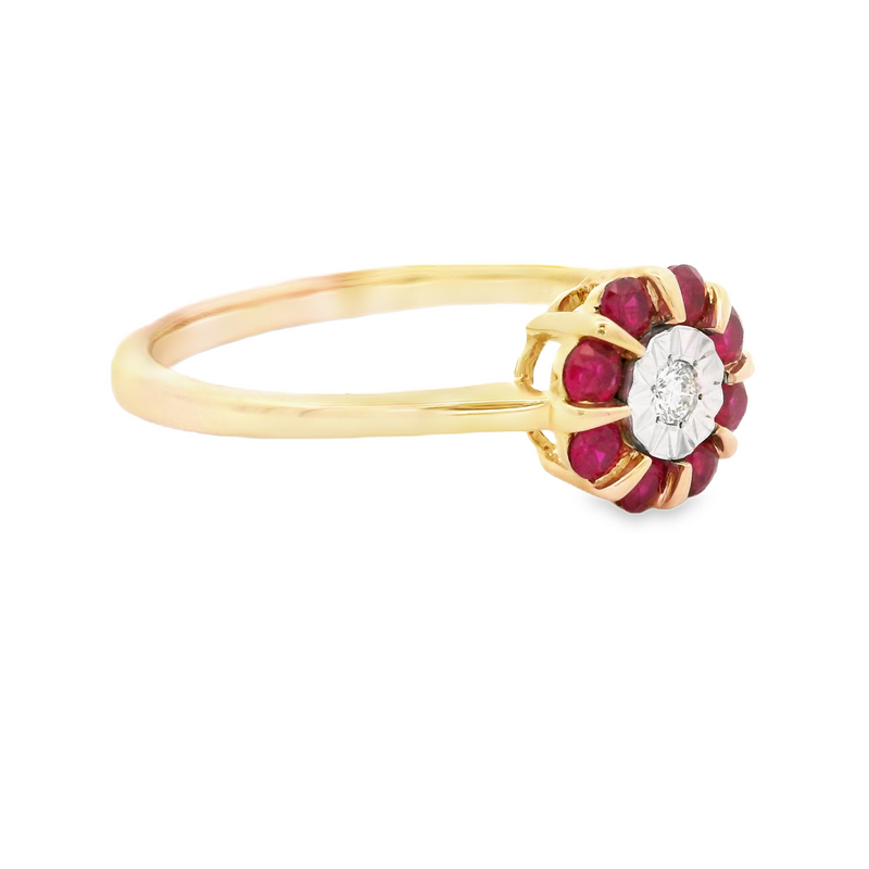 Ruby & Illusion Plate Diamond Flower Ring 9ct Gold