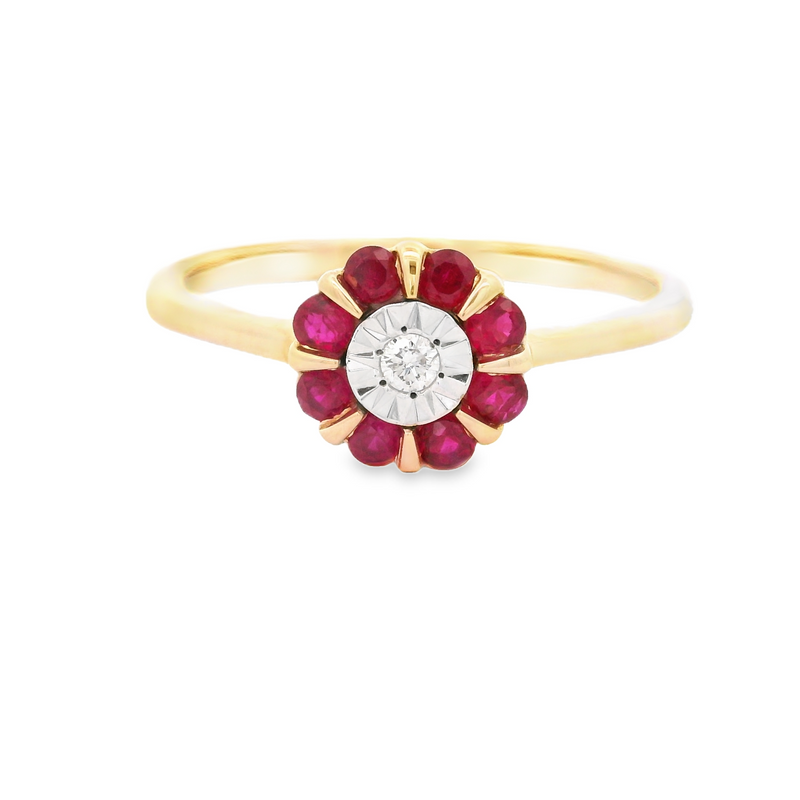 Ruby & Illusion Plate Diamond Flower Ring 9ct Gold