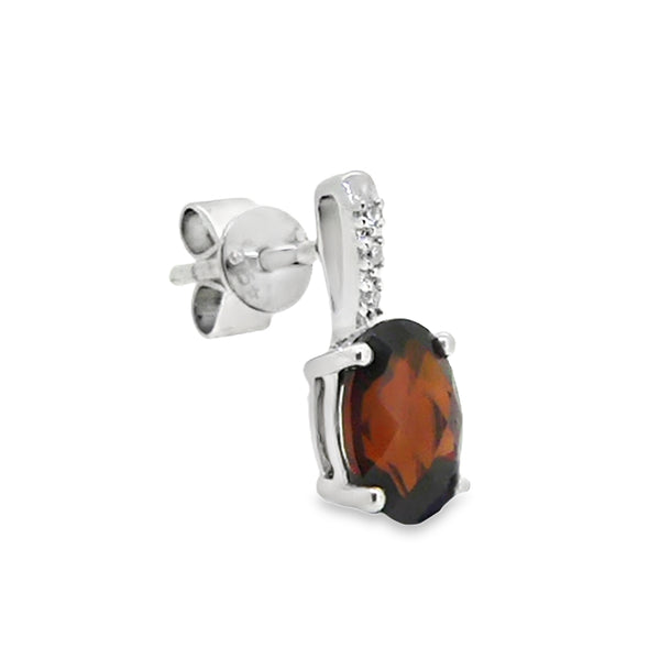 9ct White Gold Oval Garnet & Diamond Stud Earrings side