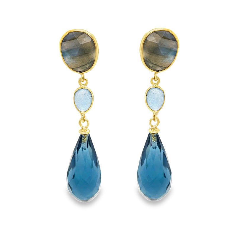 Sterling Silver Gold Plated Labradorite, Jade & Iolite  Drop Earrings