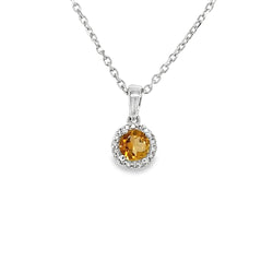 9ct White Gold Citrine & Diamond Pendant & Chain