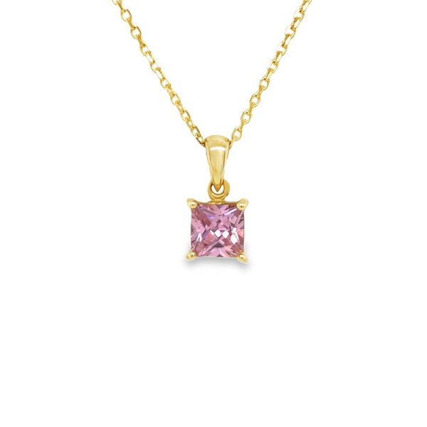 9ct Yellow Gold Square Pink Topaz Pendant & Chain