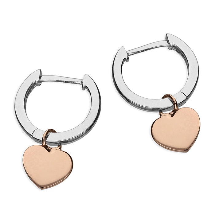 Sterling Silver Small Huggie Hoop Rose Heart Drop Earrings