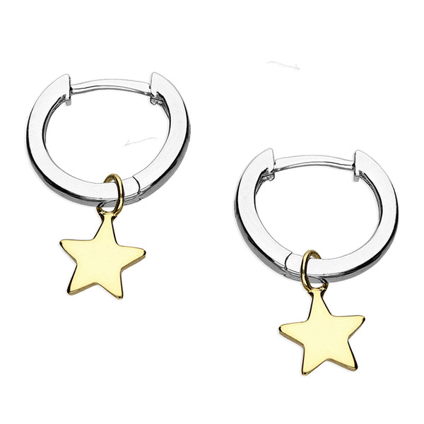 Sterling Silver Small Huggie Hoop Gold Star Drop Earrings