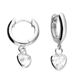 Sterling Silver Small Huggie Hoop CZ Heart Drop Earrings