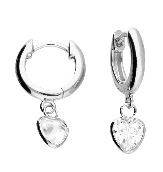 Sterling Silver Small Huggie Hoop CZ Heart Drop Earrings