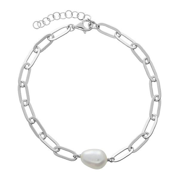 Sterling Silver Paper Chain Link & Pearl Bracelet