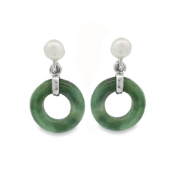 Silver Green Jade Circle & Pearl Drop Earrings