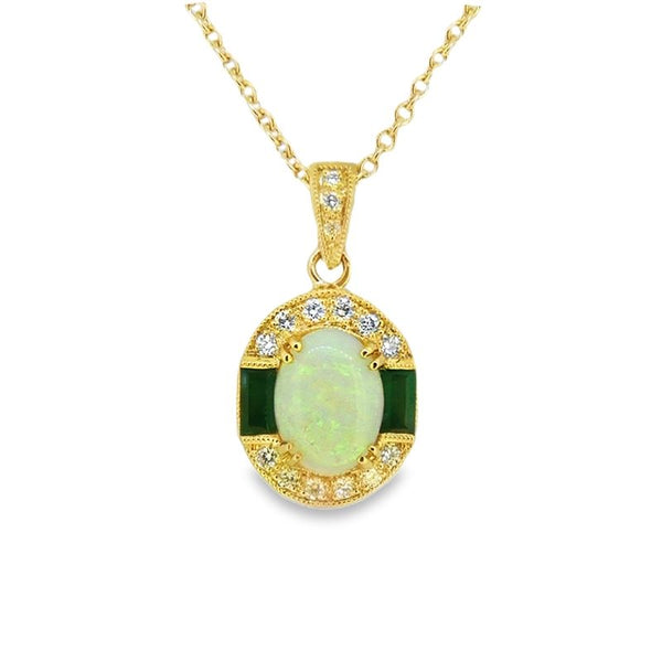 Opal, Emerald & Diamond Vintage Style Penadant 9ct Gold