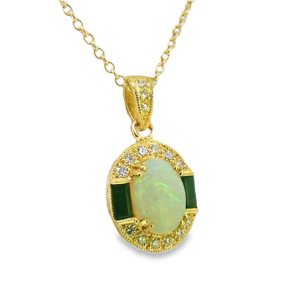 Opal, Emerald & Diamond Vintage Style Penadant 9ct Gold side