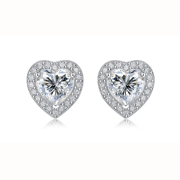 Sterling Silver Heart Halo CZ Stud Earrings