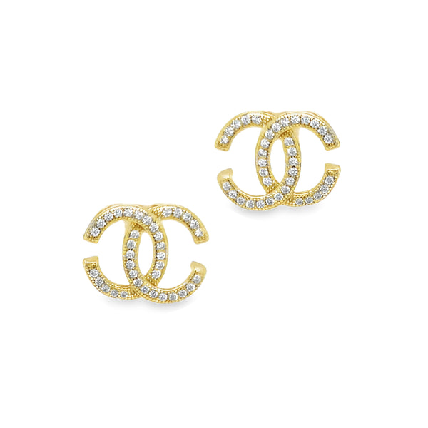 Sterling Silver Gold Plated Double Crescent CZ Earrings