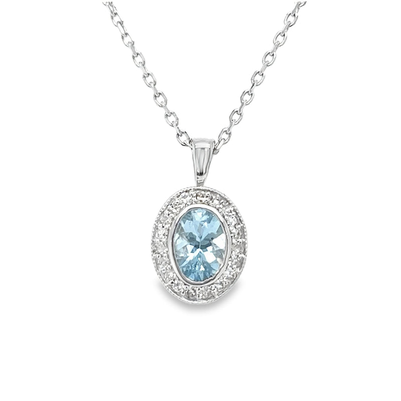 Aquamarine & Diamond Oval Pendant 9ct White Gold