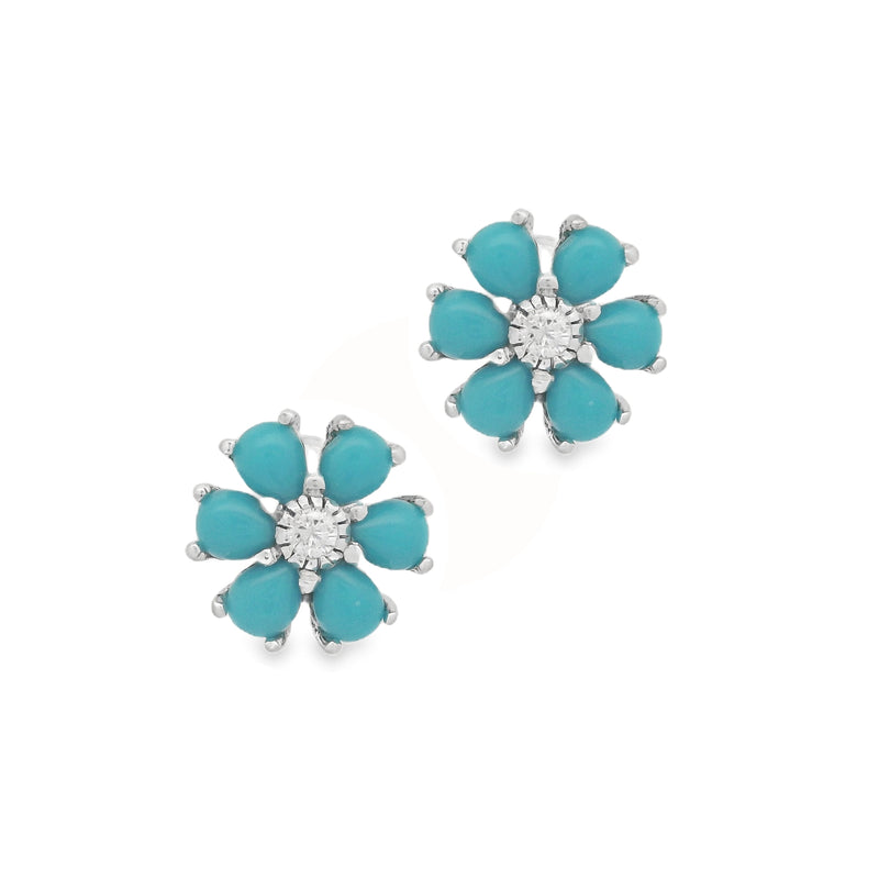 Silver Turquoise and CZ Flower Stud Earrings