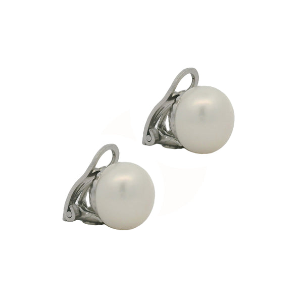 Silver Button Pearl Clip On Earrings