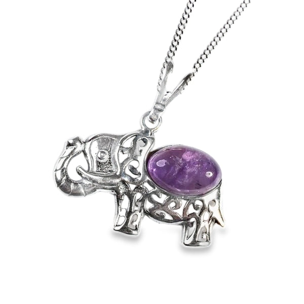 Henryka Indian Elephant Necklace in Silver and Amethyst - 18"/45.5cm