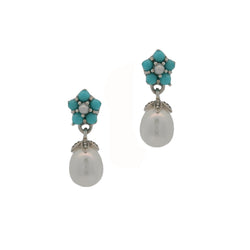 Silver Freshwater Pearl & Turquoise Flower Drop Earrings