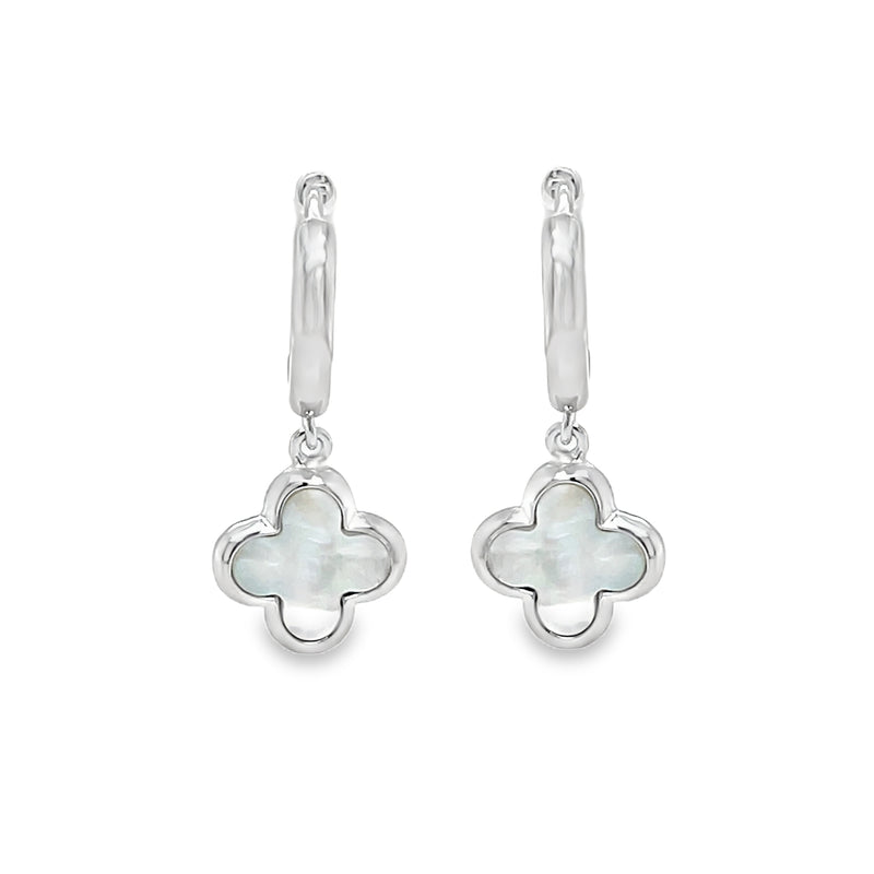 Silver Mother of Pearl Clover Huggy Earrings