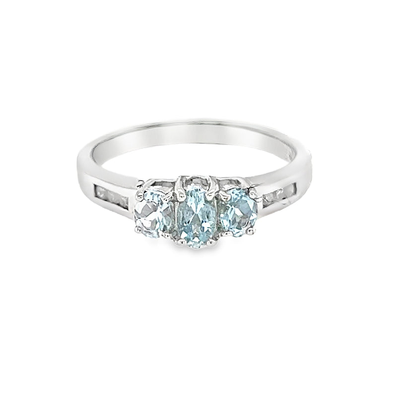 Aquamarine & Diamond 3 Stone Ring Diamond Shoulders 9ct White Gold