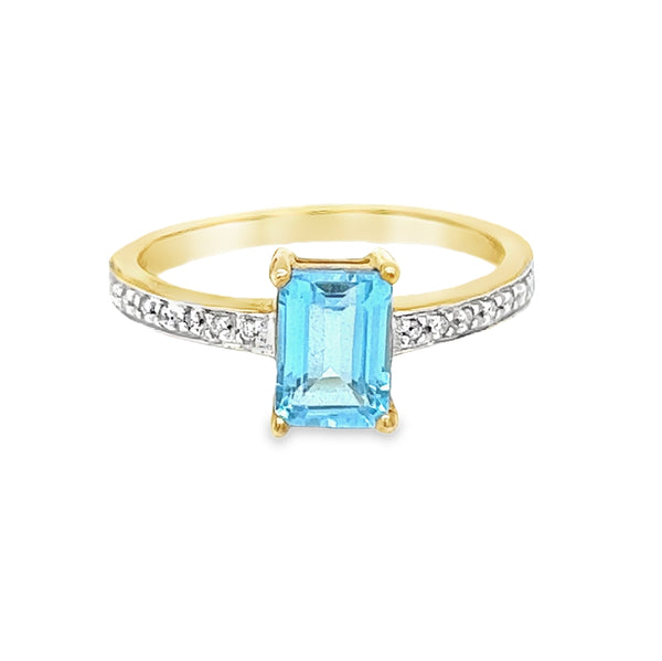 Rectangular Blue Topaz & Diamond Ring 9ct Gold