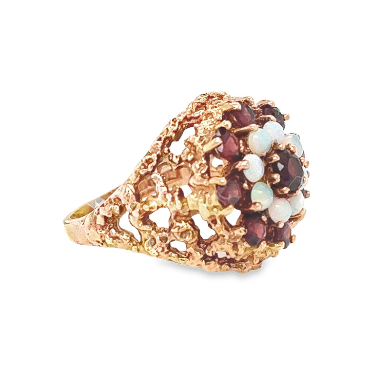 Pre Owned Opal & Garnet Cluster Ring 9ct Rose Gold side